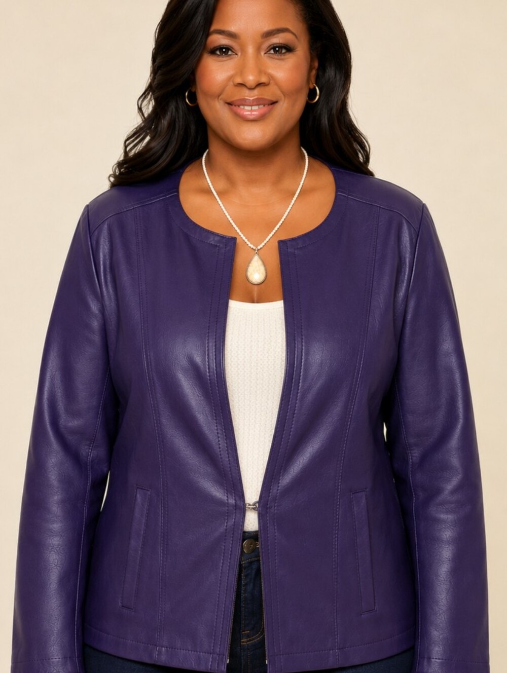 Chico’s Purple Faux Leather Jacket Size 3 X Large Open Front Stretch Panel